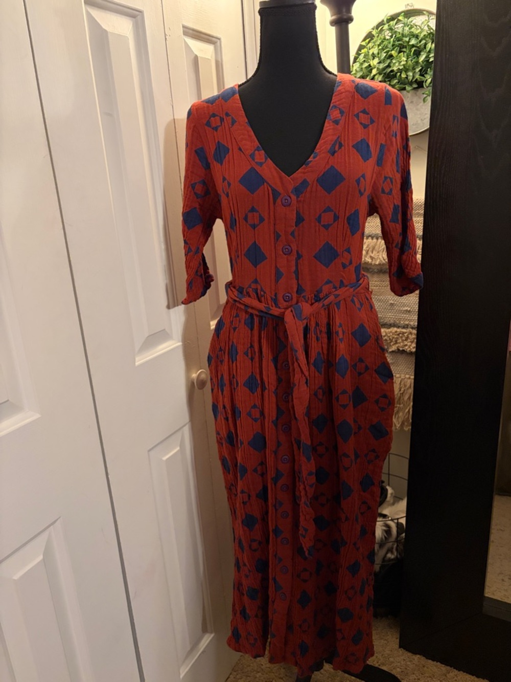 Ace & Jig Rust and Royal Blue Geometric Button-Front Midi Dress